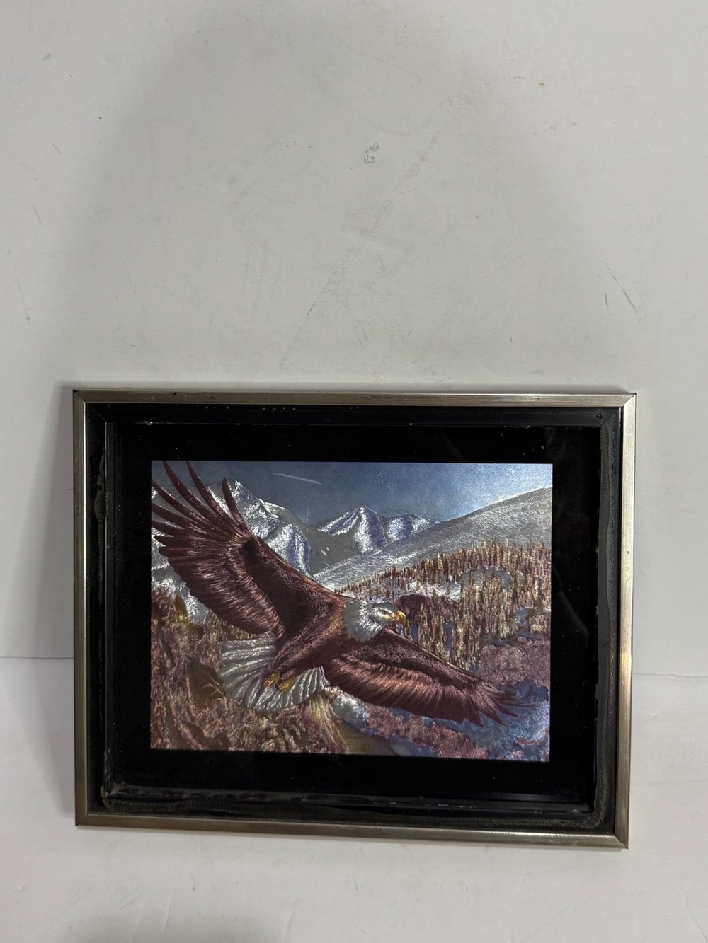 Vintage Framed Soaring Bald Eagle Foil Metallic Art Mountain Scene